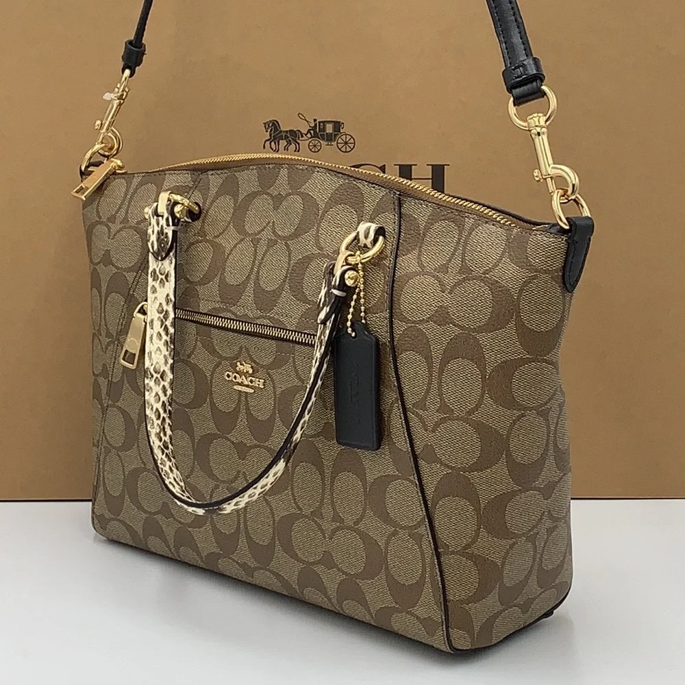 COACH Prairie Satchel / Shoulder In Colorblock Signature Canvas Khaki/Bl… - Picture 10 of 16